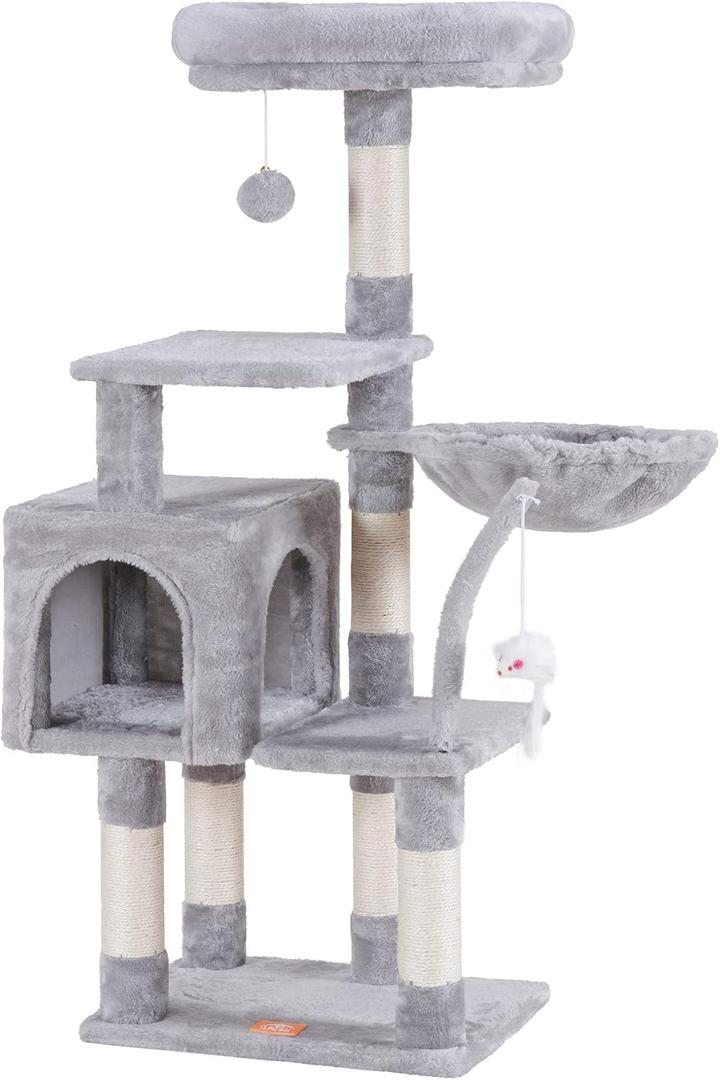 Heybly Cat Tree with Toy, Cat Tower condo for Indoor Cats, Cat House with Padded Plush Perch, Cozy Hammock and Sisal Scratching Posts, Light Gray HCT004SW (43.3 inch)