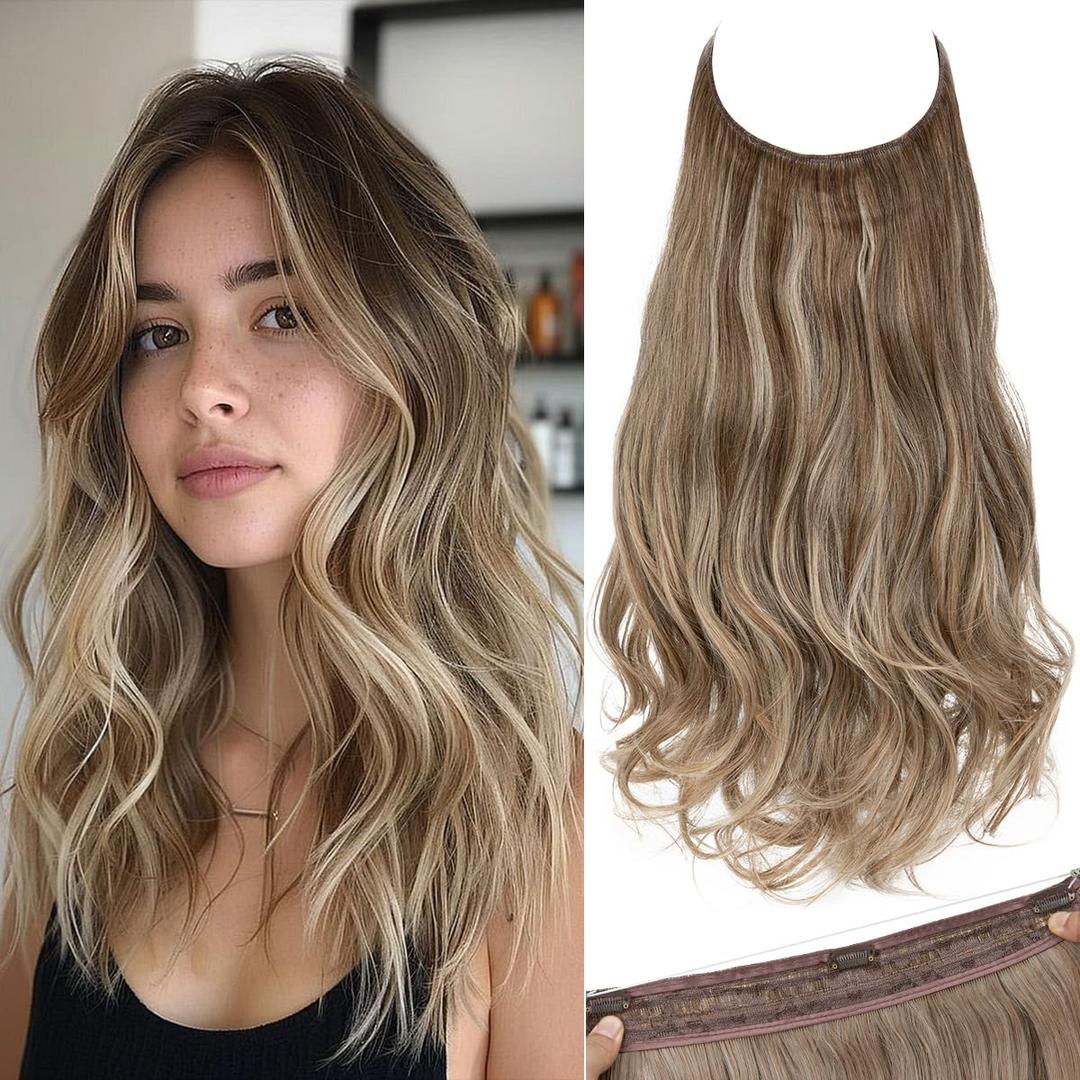 SARLA Invisible Wire Hair Extensions with 3 Clips Long Wavy Curly Synthetic Hairpiece for Women Adjustable Transparent Headband 18 Inch Dark Sand