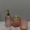 Haturi Pink Bathroom Accessories Set, 4 Pcs Glass Bathroom Accessory Set Complete w/Soap Dispenser, Toothbrush Holder, Qtip Holder, Vanity Tray, Gold Bathroom Set Decor, Gift for Girl Home Apartment