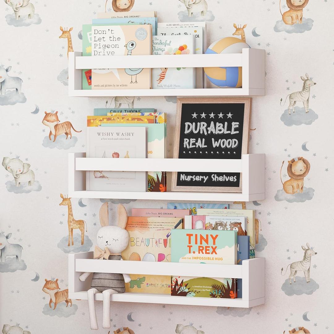 NATURE SUPPLIES Set of 3, 16.4" White Floating Nursery Shelves for Wall, Kids Bookshelf for Bedroom, Nursery Storage, Decorative Display for Kids Rooms, Modern Wall-Mounted Organizer for Home
