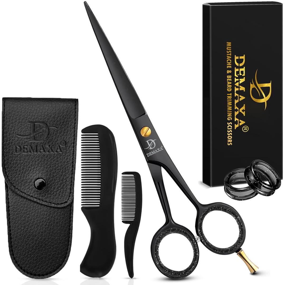 5" Professional Beard Scissors for men Mustache Scissors with 1 Mustache Comb, 1 Beard Comb & Soft Pouch  Prefect Beard shears mustache kit for All Facial Hair  moustache Grooming kit for Men