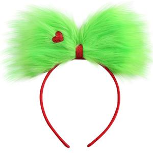 JiaDuo Large Green Furry Hair Bow Headband for Women Red Heart Headwear Hair Accessories Party Favors