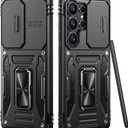 Armor Compatible for Samsung Galaxy S25 Ultra Case with Camera Cover & Stash Stand, 4X Military-Grade Drop Protection, Shock-Absorbing Rugged Defender (Black)