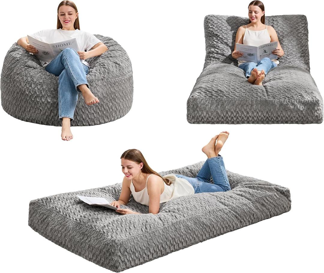 Hobestluk Bean Bag Chair Convertible Beanbag Chairs for Adults, 3 in 1 Bean Bags with Plush Chevron Cover, Adult Bean Bag Chair for Living Room, Bedroom (Grey, Twin)