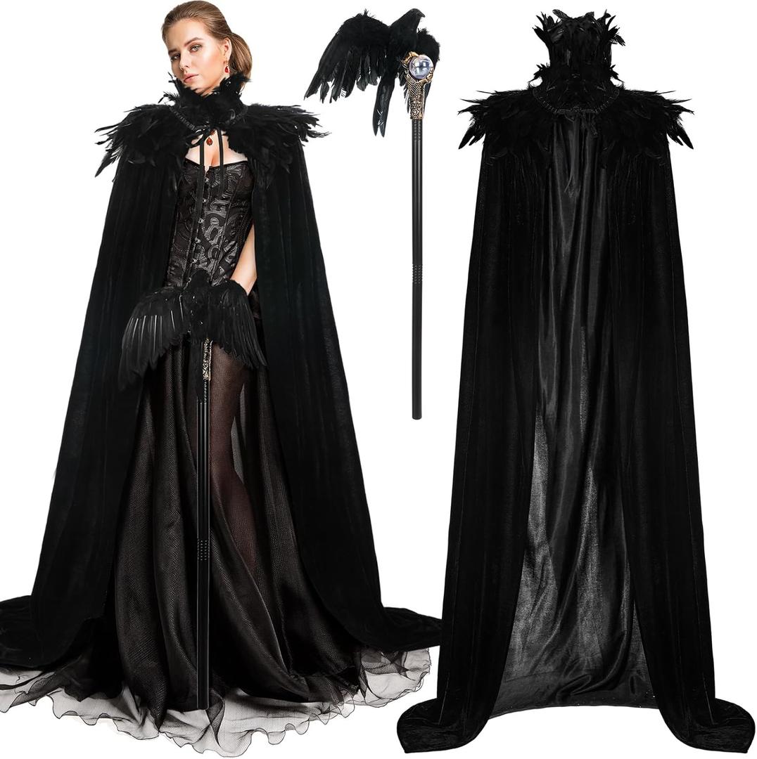 Toulite 3 Pcs Women Halloween Evil Black Style Queen Costume Witch Crow Gothic Feather Cape Cosplay Party Props