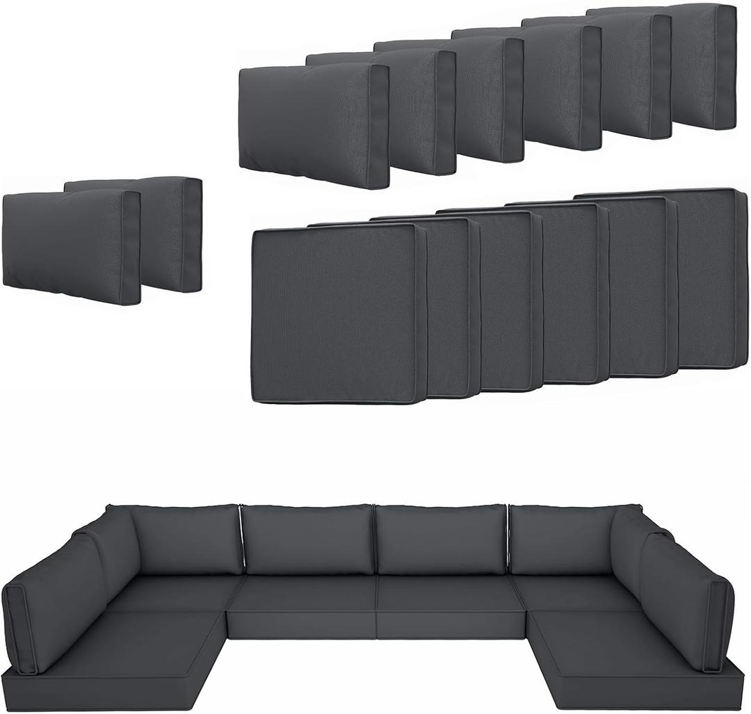 14 Piece Outdoor Patio Cushion Cover Replacement, Waterproof Patio Cushion Covers, Outdoor Furniture Cushion Covers Set for 6 Seat Wicker Rattan Sofa (Deep Grey)