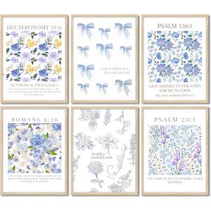 2 x 6Pcs Christian Floral Poster Wall Art Inspirational Bible Verses Flower Market Psalm Quotes Painting Picture Wall Decor Blue Bow Aesthetic Canvas Print Artwork for Bedroom Church Home Decoration