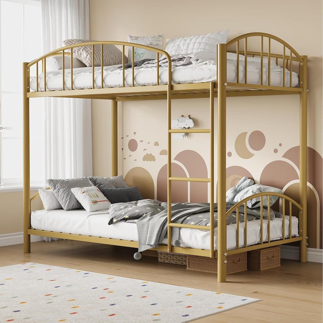 GarveeHome Metal Bunk Bed Twin Over Twin, Heavy Duty Bunkbeds Frame with Arched Guardrail and Safety Ladder, Sturdy Steel Bed for Kids Boys Girls, Space-Saving, No Box Spring Needed, Gold