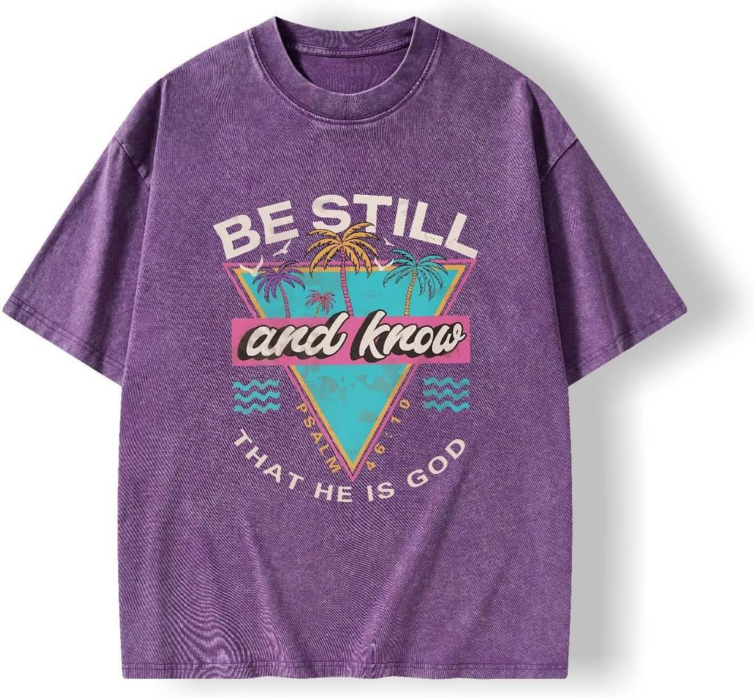 Graphic Tees Summer Women Men Cotton Novelty Oversized Crew Neck Tree Element Christian Washed T-Shirt (Purple, L)