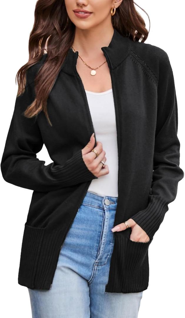 GRACE KARIN Womens Long Sleeve Zip Up Knit Cardigan with Pockets Stand Collar Full Zip Sweater Coats Trendy Fall Jackets (Small, Black)