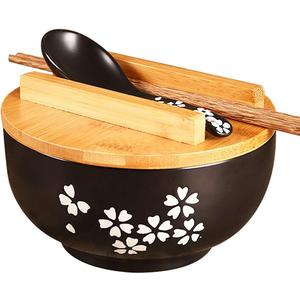WHJY Black Ceramic Bowl with Lid, Spoon, Chopsticks for Soup, Rice, Noodles, Japanese Traditional Style Tableware