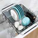 Over The Sink Expandable Dish Drainer Drying Rack in Stainless Steel for Small Kitchen, Counter Space Saving Modern Compact Metal Above Plate Dryer Strainer, Adjustable Hanging Inside Drain Holder (Black)
