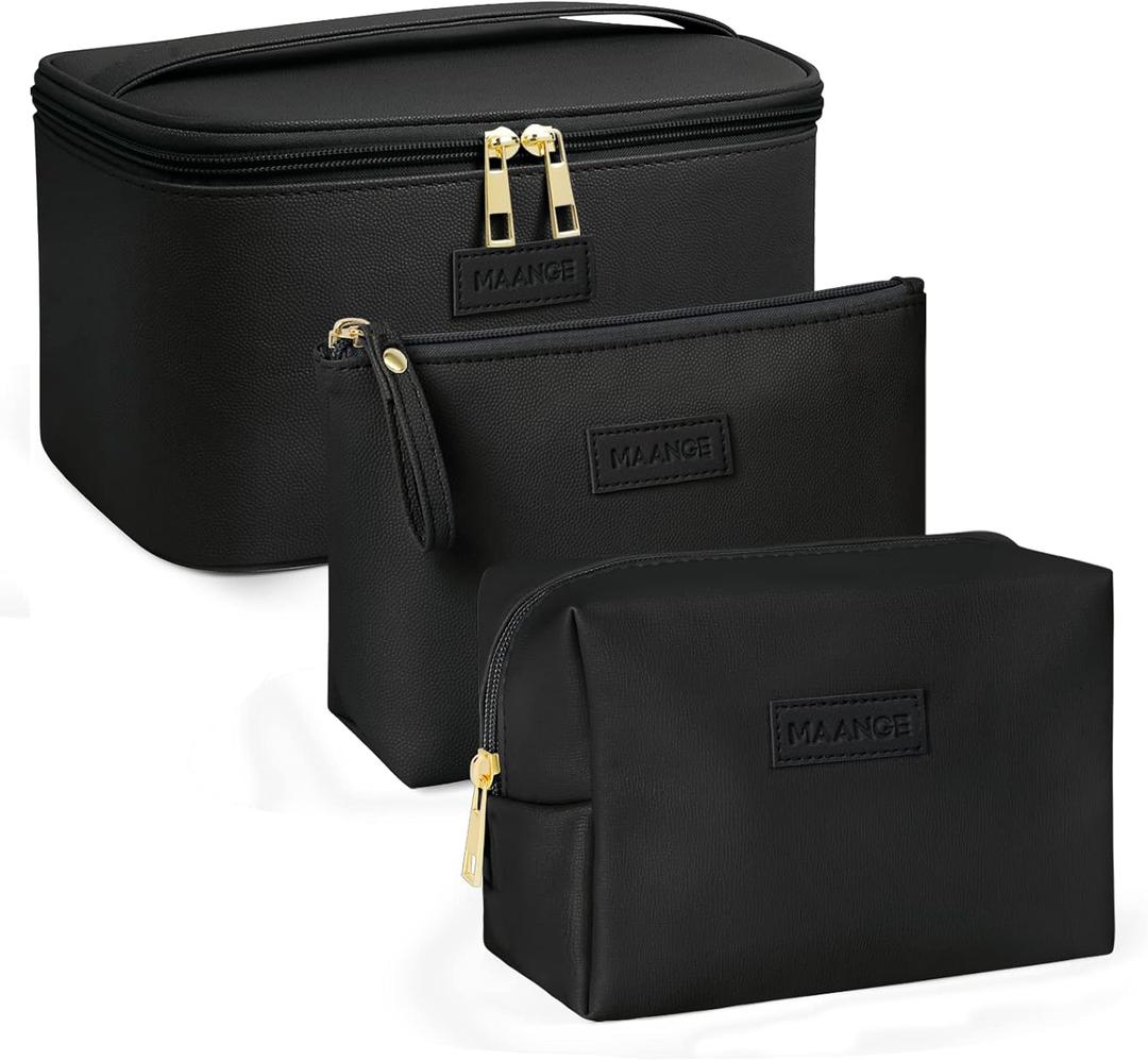 MAANGE Makeup Bag - Large Cosmetic Bag with 2pcs Small Makeup Bags Portable Leather Travel Makeup Bag Set Toiletry Bag Make Up Bags for Women and Girls (Black)