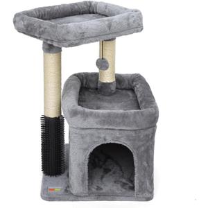 Small Cat Tree with Scratching Post Indoor, Cat Trees for Indoor, Cat Tower with Condo, Plush Cozy Perch, Massage Brush, Activity Hanging Pompoms (Grey)