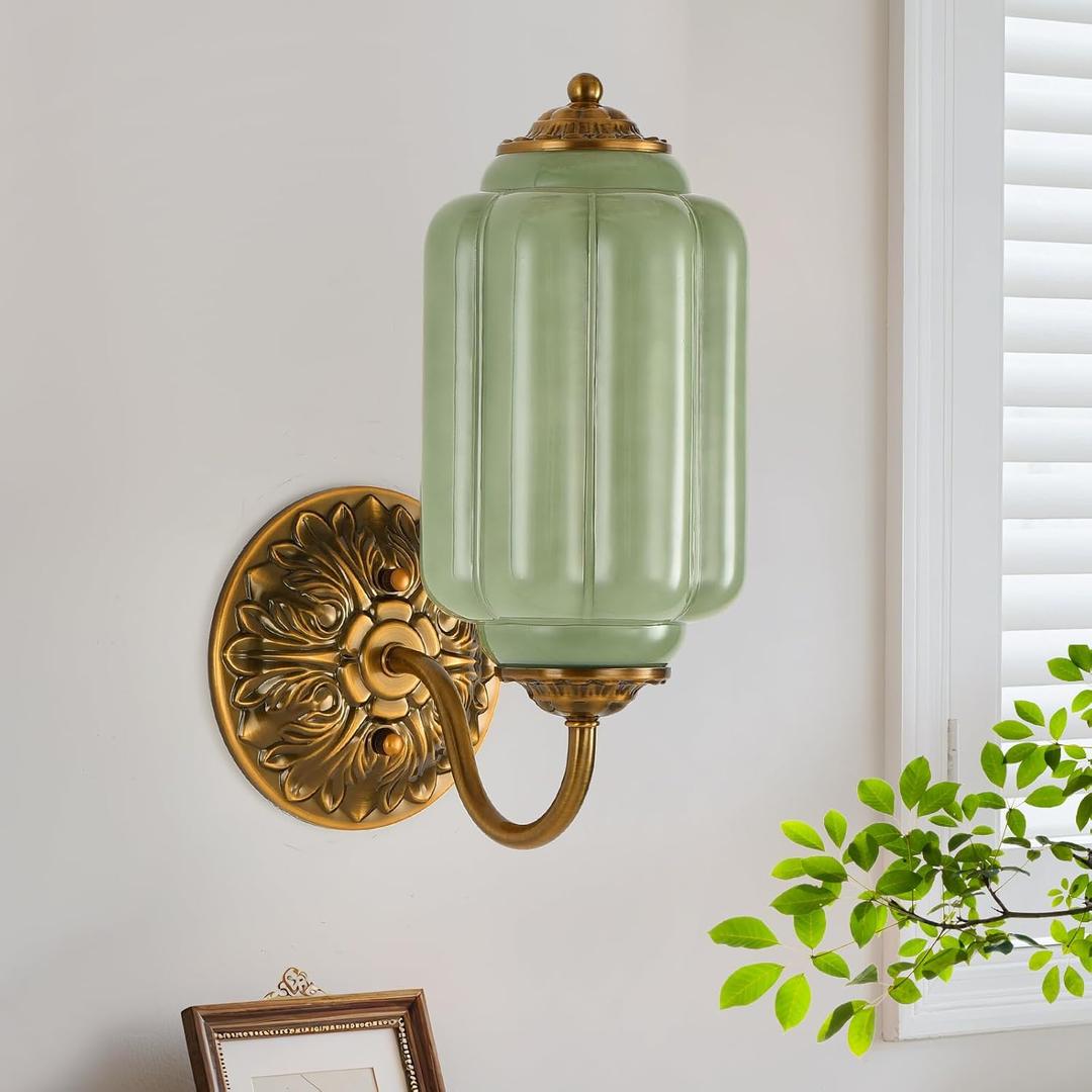 Green Glass Sconce Vintage Vanity Sconces Brass, Bulb Included, 5.5in