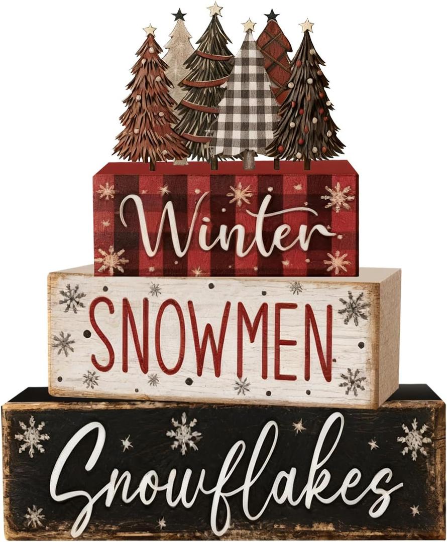 4 Pcs Christmas Decorations Indoor - Wooden Christmas Tree Table Decoration for Home - Holiday Centerpiece For Table - Winter Tiered Tray Decor Rustic Farmhouse Xmas Gift for Home Kitchen Mantel