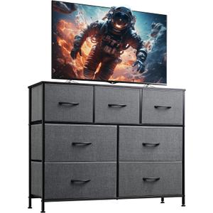 WLIVE 7 Drawer Dresser TV Stand, Entertainment Center, Media Console Table with Metal Frame and Wood Top for TV up to 45 inch, Chest of Drawers for Bedroom, Living Room, Dark Grey, 11.8"D x 39.4"W x 30.5"H