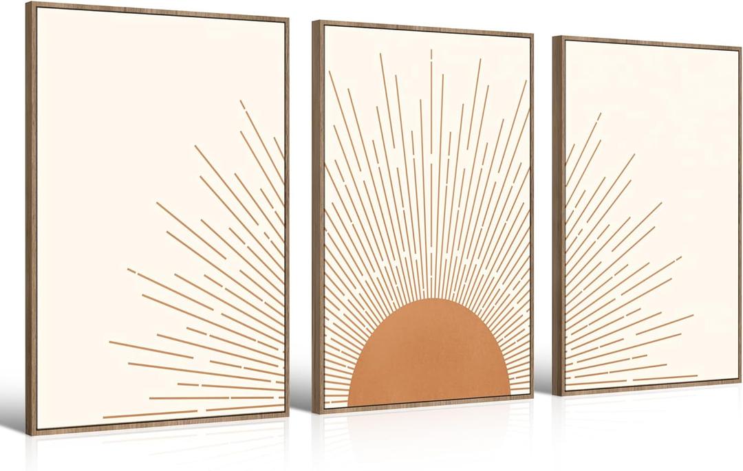 Gisipameis Boho Minimalist Wall Art Set of 3 Framed Canvas Prints with Sun Rising on the Horizon Mid Century Modern Neutral Home Decor Bohemian Style for Living Room Bedroom Bathroom Office 16x24in