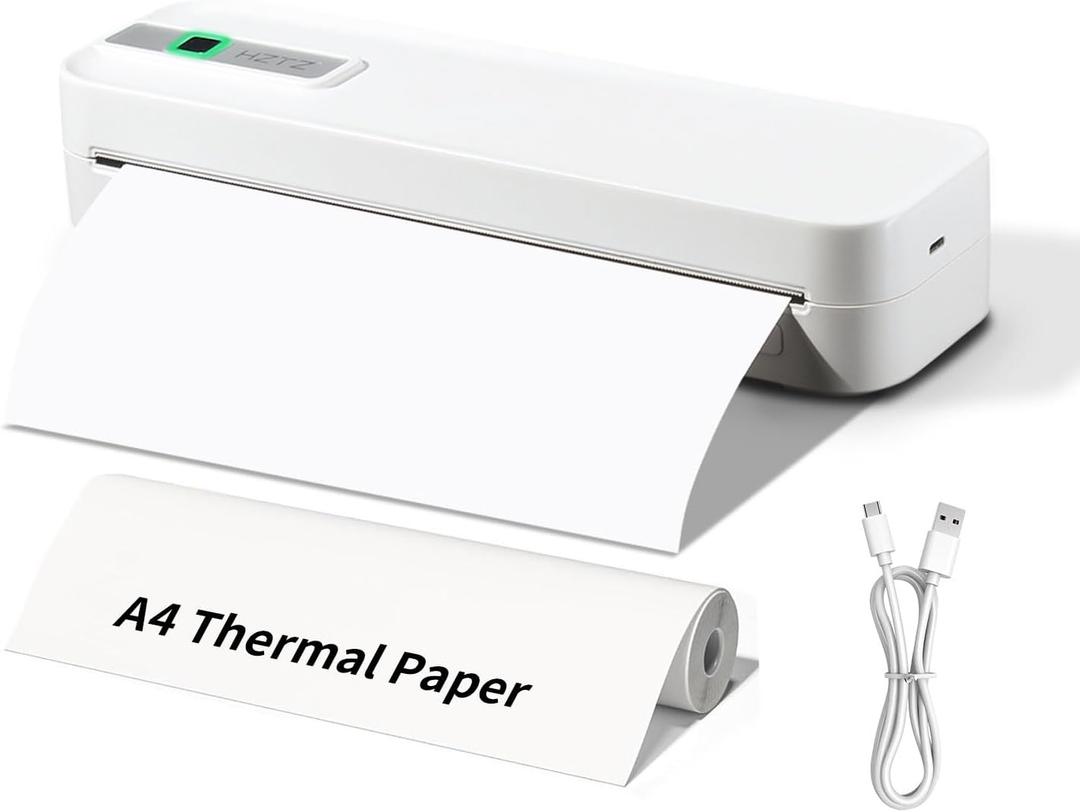 Travel Thermal Wireless Portable Printer, Bluetooth & USB Inkless Printing Inkless Printer Support A4/A5 Thermal Paper, Compatible with Android & iOS Phone/Laptop White