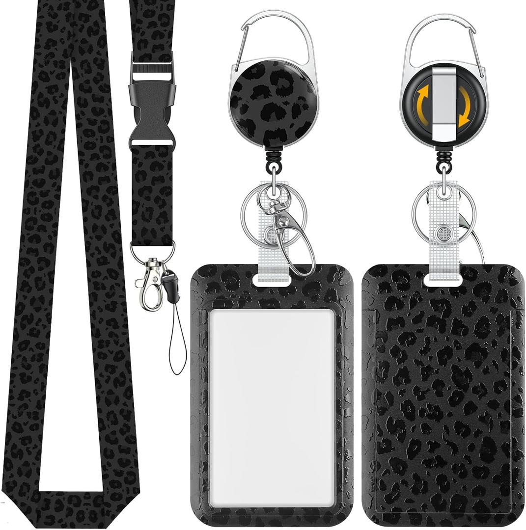 Uniclife Fashionable Sliding Badge Holder Black Leopard Print Plastic Card Holder with Retractable Badge Reel Carabiner & Detachable Lanyard Vertical Card Protector for Office Worker Teacher Student