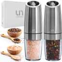 Urban Noon Gravity Salt and Pepper Grinder Set - Battery Operated Stainless Steel Mills with Light (2 Grinders) - Automatic One Handed Operation - Electric Adjustable Shakers - Ceramic Grinders