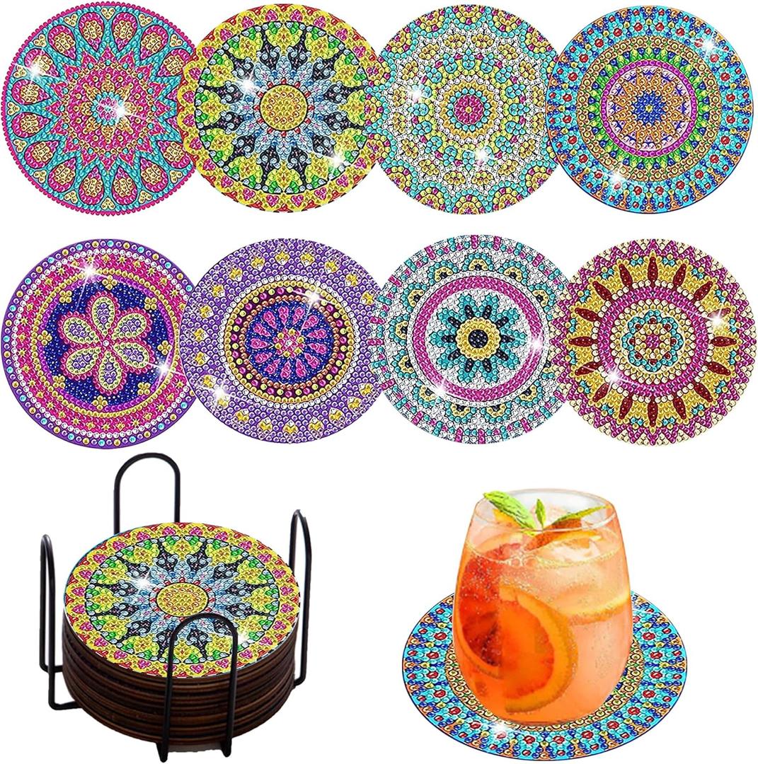 Diamond Painting Coasters Kit with Holder,Wooden Pad + Acrylic Board Double Layer is Strong and Wear-Resistant,Mandala DIY Diamond Art Coasters, Family Entertainment Art Craft Supplies Gift (CS12)