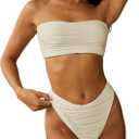 ZAFUL Women Strapless Textured Bandeau Bikini 2 Piece Swimwear Cheeky Solid Lace up Bathing Suits (Large, 1-beige)