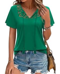 Uhiger Green Tops for Women Tunic Boho Tops Short Sleeve Lace Blouses V Neck Flowy Shirts Tie Front Chic Outfits Casual Clothes L