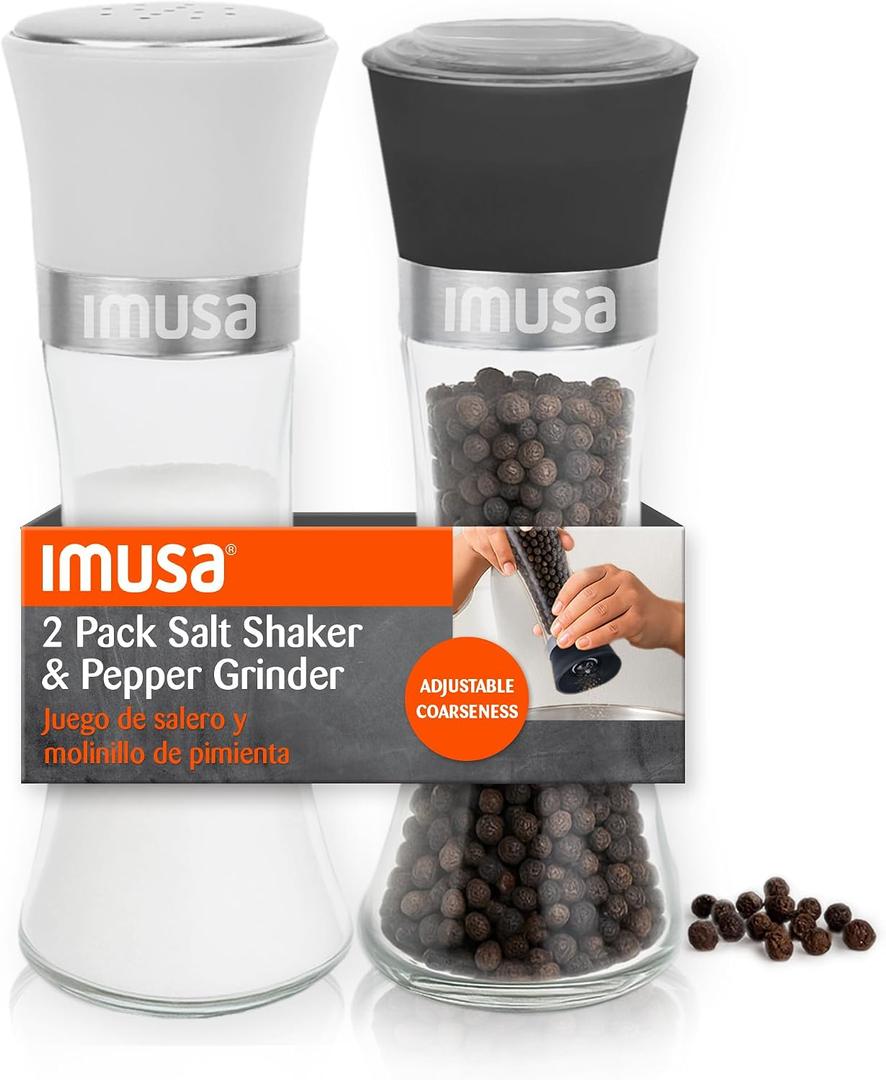 IMUSA Salt Shaker and Pepper Grinder Set 2 Pack Glass Salt Shaker and Pepper Mill Set, Manual Adjustable Ceramic Core Pepper Grinder, 6 oz Capacity, Refillable Salt and Pepper Set for Kitchen