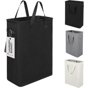 Slim Laundry Hamper With Handles Collapsible Laundry Basket Thin Dirty Clothes Basket Narrow Laundry Bag Foldable Dirty Clothes Hamper 45L (24 inches,Black), Small
