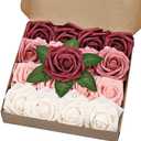 BLEUM CADE 16Pcs Artificial Flowers Fake Roses with Stems, Gradient Burgundy Boxed Foam Roses for DIY Bouquets Centerpieces Wedding Party Arrangement Bridal Shower Decor