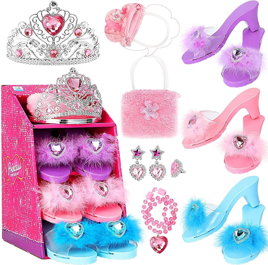 Princess Dress Up Shoes Pretend Play Jewelry Toys Set 3 Pairs of Shoes with Tiara Earrings Necklaces Ring Role Play Set for Little Girls Aged 3-6 Years Old