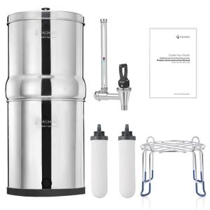 Gravity-fed Water Filter System, 2.25 Gallon Stainless Steel Countertop System with 2 Ceramics Filters Washable Filters, Metal Water Level Spigot and Stand,Reduce up to 99% Chlorine (White)