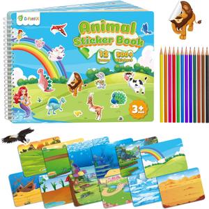 D-FantiX Animal Sticker Books for Toddlers 2-4 Years, Coloring Books for Kids Ages 2-4-6-8, 500+ Kids Stickers, Toddler Toys Road Trip Activities, Gifts for Girls Boys, Christmas Stocking Stuffers