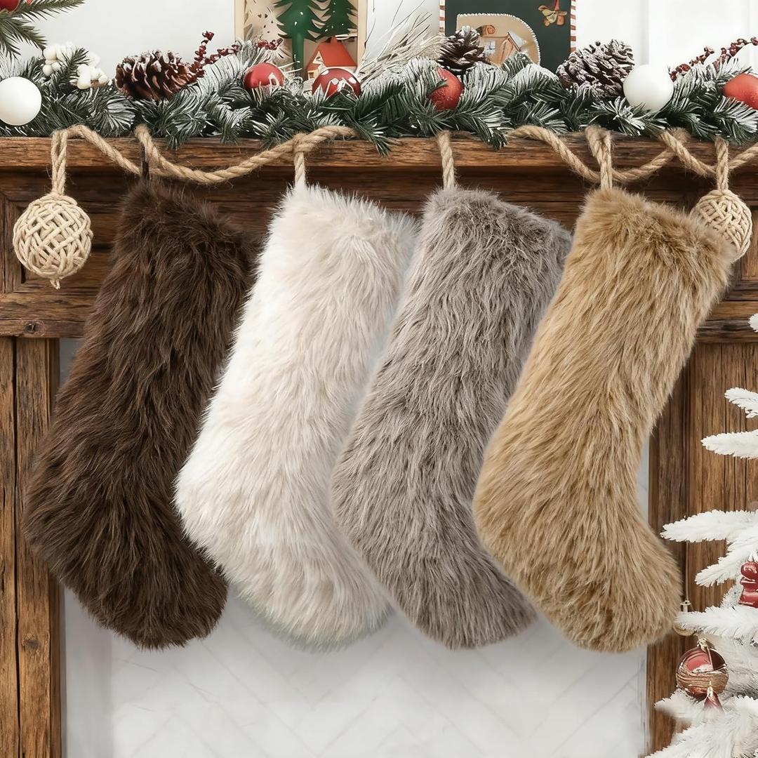 4 Pcs Christmas Plush Stockings 18 Inch Large Faux Fur Xmas Stocking Neutral Colors of White Brown Grey Holiday Classic Hanging Ornaments Socks for Xmas Home Decorations Party Fireplace Decor