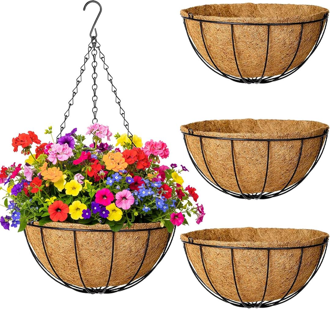 4 Pack Hanging Planters 14 Inch Metal Hanging Planter Basket Flower Pots with Coco Coir Liners Round Wire Plant Holder with Chain for Indoor Outdoor Patio Porch Garden Decoration（XG)