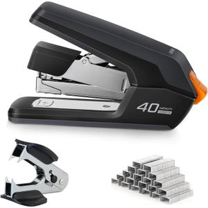 Deli Effortless Desktop Stapler, 40 Sheet Capacity, One Finger Touch Stapling, Easy to Load Ergonomic Heavy Duty Stapler, Includes 1500 Staples and Staple Remover (Black)