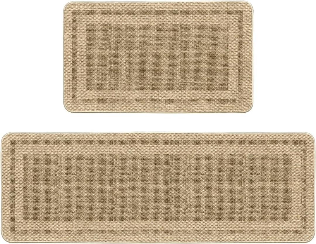 Artoid Mode Rectangular Beige Grey Kitchen Mats Set of 2, Daily Boho Home Decor Low-Profile Kitchen Rugs for Floor - 17x29 and 17x47 Inch