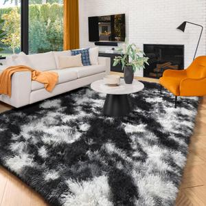 Amdrebio Black White Grey Area Rugs for Living Room, 6x9, Soft Fluffy Rug for Bedroom, Furry Plush Rugs for Kids Room, Modern Large Shaggy Rug for Men Teen Boys, Aesthetic Cool Floor Carpet for Dorm (6' x 9' (Rectangular))