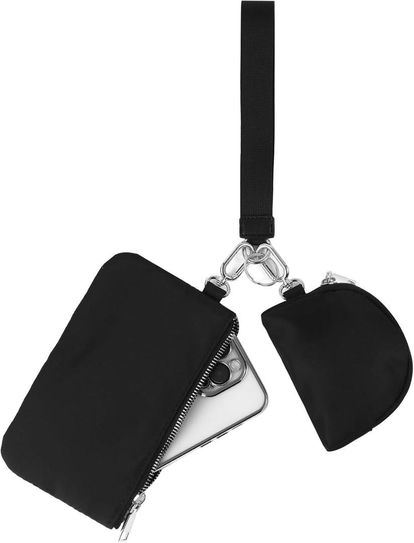 Mini Zip Around Wristlet Keychain Wallet for Women Detachable Dual Pouch Wristlet Portable Phone Coin Purse Coin Pocket (Black+Silver)
