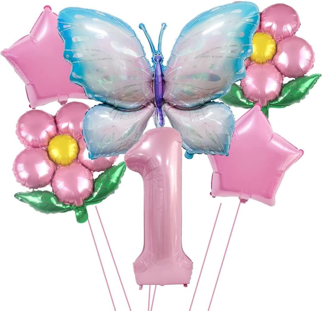 Butterfly Balloon 1st Birthday Decorations,Pink Blue Butterfly Fairy Floral Foil Balloons for Girl First Birthday Party Decorations Baby Shower Supplies