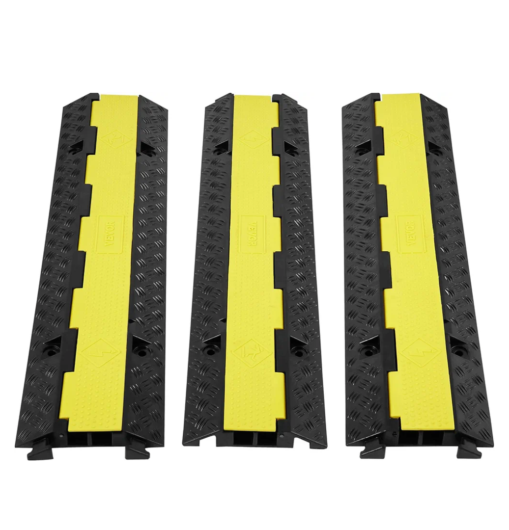 VEVOR 3 PCs 2 Channel Rubber Cable Protector Ramp, 12000 lbs/axle Capacity Heavy Duty Hose Wire Cover Ramp Driveway, Traffic Speed Bump w/Flip-Open Top Cover & 50 ft Warning Tape, for Indoor&Outdoor