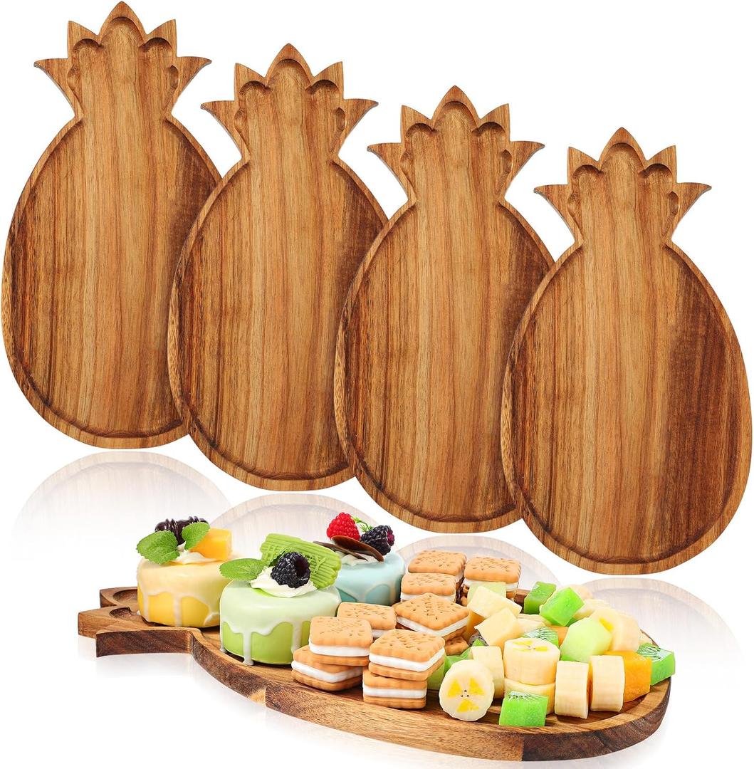 Geetery 4 Pack Pineapple Shaped Serving Trays Wooden Charcuterie Boards Platter Fun Cutting Boards Cute Large Placemats Rustic Serving Tray for Kitchen Party