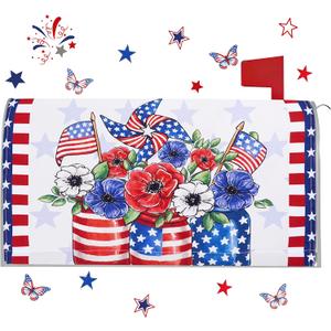 4th of July Mailbox Covers Magnetic Standard Size 18" x 21", Patriotic Mailbox Cover Red and Blue Floral Mailbox Post Letter Box Cover for Independence Day Memorial Day Garden Yard Decor