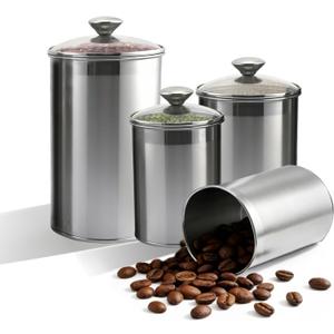 Stainless Steel Food Canister Set 4-Piece, Airtight Kitchen Storage Containers with Lids, Metal Canisters for Flour Sugar Coffee & Pantry Organization, Rustproof & Durable Countertop Jar Set
