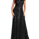 Meilun Short Sleeve Sequin Dress for Women Formal Evening Gowns Sparkly V Neck 1920s Long Dress Size XL