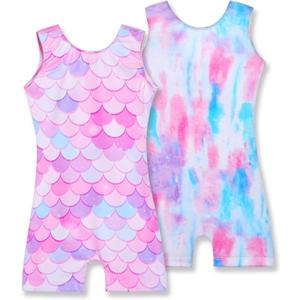 Nymphperi 2 Pack Gymnastics Leotards for Girls Cute Biketards with Shorts Kids Sleeveless Unitard Dance Sportswear (Pink, M)
