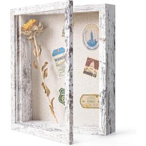 Califortree 8x10 Shadow Box Frame with Linen Back - Real Glass, Push Pins Included, Sturdy Rustic Memory Display Case, Fits 6.8x8.8 Inserts, Distressed White