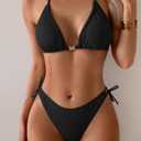 Eomenie Womens Ribbed Bikini Set Sexy Halter Triangle Top Swimsuit Tie Side Two Piece Bathing Suit Moderate Coverage (Black, S)