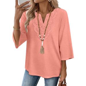 WIHOLL 3/4 Length Sleeve Womens Tops Boho V Neck Lace Shirt Trendy Blouses Dressy Casual Vacation Clothes  (Pink, S)